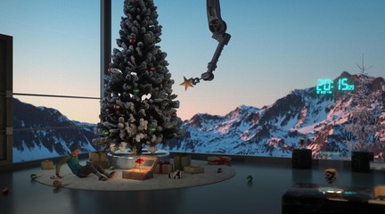 Video still showing a christmas tree in front of a window looking over snowy mountains