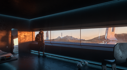 Video still of a person looking out of a window towards a futuristic scene